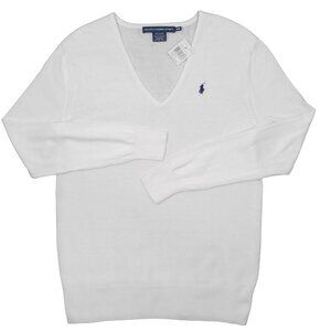 NEW Polo Ralph Lauren Sweater!  White  Navy Polo Player  V Neck  Boyfriend Fit